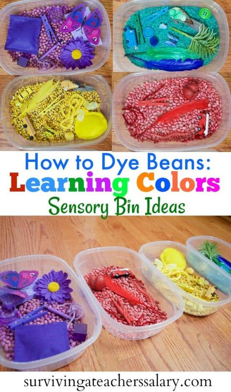 Colors Sensory Bin, Sensory Bin Ideas, Tactile Activities, Sensory Tubs, Sensory Bags, Preschool Colors, Toddler Sensory, Sensory Boxes, Fine Motor Skills Activities