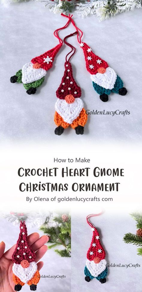 This crochet heart gnome ornament is a perfect gift for you to make. This is a quick and easy project that produces such an adorable end result. Make several of them as gifts or all in one color to add to your home decor. Crochet Christmas Ornaments Free Pattern, Crochet Christmas Ornaments Free, Gnome Ornaments, Gnome Christmas, Gnome Patterns, Crochet Christmas Ornaments, Gnomes Crafts, Craft Show Ideas, Pattern Ideas