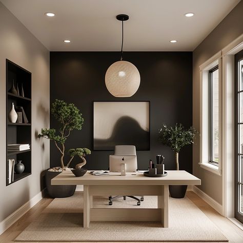 Black Wall Home Office, Modern At Home Office, Home Office Lounge Area Design, Modern Minimal Home Office, His And Hers Shared Office, One Bedroom Apartment Office Ideas, Home Office Masculine Modern, Modern Office Design Home, Transitional Modern Office