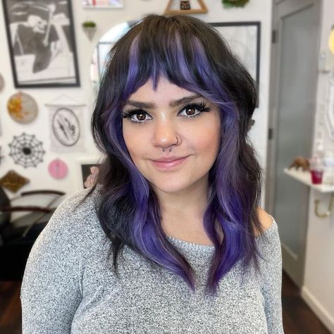 ATLANTA HAIR STYLIST on Instagram: "SWIPE: 🧡🖤➡️💜🖤✨" Purple Shag Haircut, Purple Shag Hair, Color Block Hair With Bangs, Wavy Hair Curtain Bangs, Purple Bangs, Curtain Bangs Ideas, Medium Wavy Hair, Soft Curtain Bangs, Hair Curtain Bangs