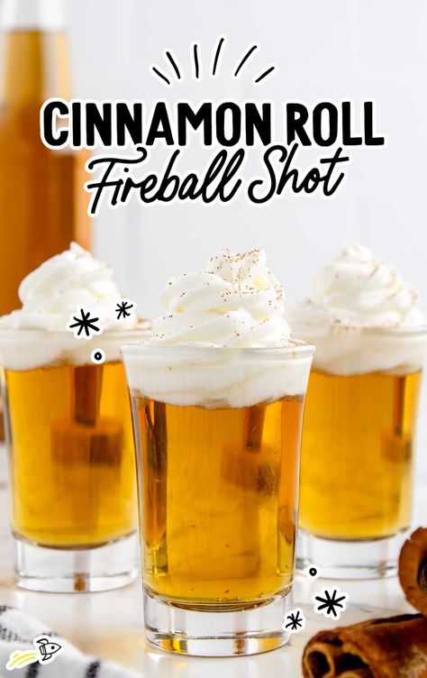 Fireball Shots, Fireball Drinks, Fireball Shot, Gooey Cinnamon Rolls, Cinnamon Drink, Butterbeer Recipe, Cinnamon Roll Cheesecake, Booze Drink, Spicy Drinks