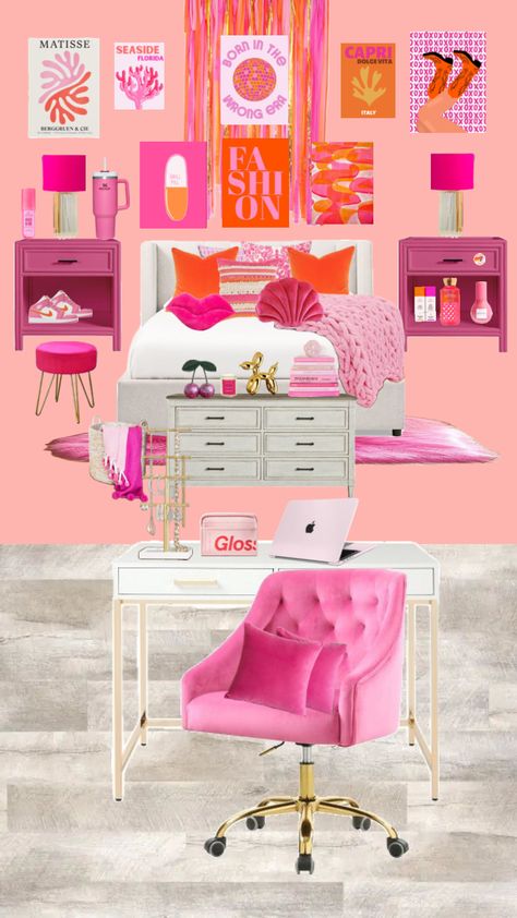 pink and orange room 🩷🧡 #pink #pinkpreppy #hotpink #orange #pinkandorange #orangeandpink #orangepreppy #bedroom #room #roominspo #preppyroom Pink And Orange Room, Orange Room Decor, Preppy Dorm Room Decor, Hot Pink Room, Hot Pink Bedrooms, Pink Dorm Rooms, Orange Room, Preppy Bedroom Decor, Dorm Room Styles