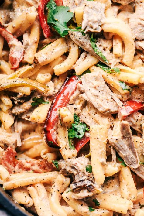 Shredded Pork Pasta, Pork Loin Pasta Recipes, Pork Carnitas Dinner Ideas, Carnita Meat Leftovers, Carnitas Pasta, Diced Pork Recipes, Leftover Pork Roast Recipes, Leftover Pork Loin Recipes, Pulled Pork Pasta