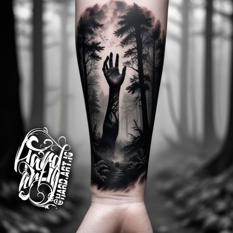 #foresttattoo #handtattoo #blackandgreytattoo #darkart #surreal #creepy #horror #mystery #inked #tattooart #bodyart #tattoodesign Dark Tree Tattoo, Dark Gothic Tattoo Ideas, Dark Tattoos Creepy, Dark Forest Tattoo, Horror Tattoos, Zombie Tattoos, Forest Tattoo, Forest Tattoos, Zombie Hand