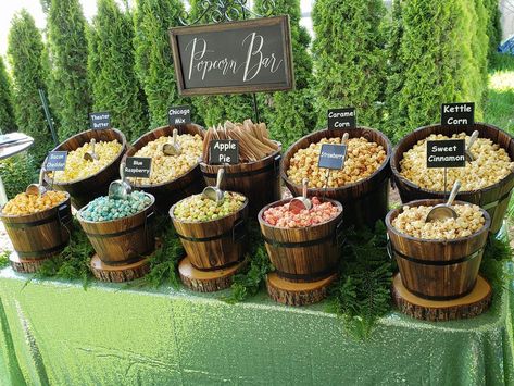 Beautiful popcorn bar with tea green sequin tablecloth and barrels. Popcorn Bar Wedding Receptions, Snack Bar Wedding Receptions, Wedding Popcorn Bar Ideas, Popcorn Wedding Bar, Wedding Reception Popcorn Bar, Snack Bar Wedding, Wedding Ideas Night, Wedding Snack Bar Ideas, Popcorn Bar Ideas