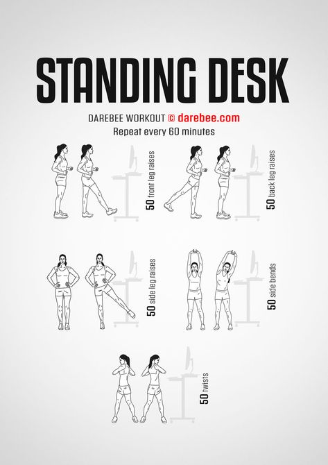 Office Workouts Desks, Standing Desk Exercises, Desk Exercises, Darebee Workout, Desk Stretching, Workouts Cardio, Standing Workout, Desk Workout, Fitness Challenges