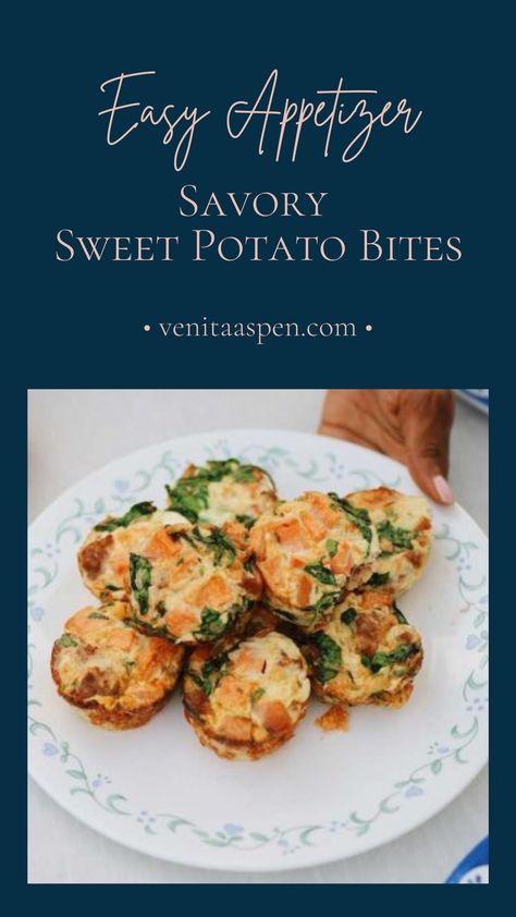 This easy savory sweet potato bites appetizer is a delicious dish for a thanksgiving or christmas holiday party or dinner. Sweet Potatoe Apps, Sweet Potato Bites Appetizer, Sweet Potato Apps, Potatoes In Muffin Tin Recipe, Sweet Potato Appetizer, Easy Thanksgiving Appetizer, Sweet Potato Appetizers, Quiche Bites, Sweet Potato Cubes