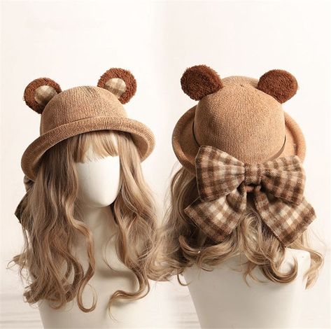 Kawaii Wigs, Teddy Bear Clothes, Bear Outfits, Bonnet Hat, Bear Hat, Kawaii Accessories, Diy Hat, Kawaii Dress, Bear Ears