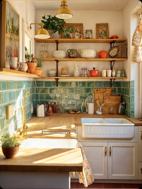 Italian Kitchen Apartment, Small Kitchen Victorian, Colorful Minimalist Kitchen, Small Italian Kitchen, Italian Cottage Aesthetic, Italian Cottage Interior, Small Italian House, Italian Kitchen Aesthetic, Cottage Core House Interior