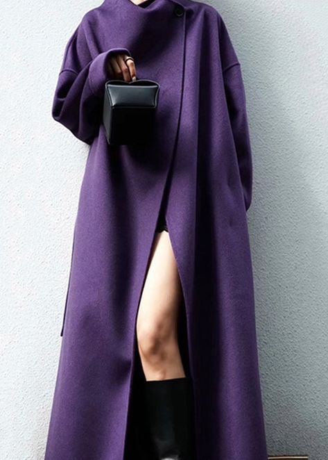 Purple Coat Outfit Winter, Purple Winter Outfit, Purple Coat Outfit, Woolen Coat Winter, Purple Trench Coat, Mode Mantel, Stand Collar Coat, Purple Coat, Coat Winter