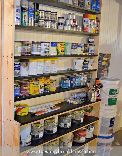 Paint All Organized Garage Paint Can Storage, Paint Organization Garage, Garage Paint Storage Ideas, Paint Can Organization, Paint Organization Ideas, Organize Paint Supplies Garage, Paint Can Storage Ideas, Work Shop Organization, Paint Can Storage