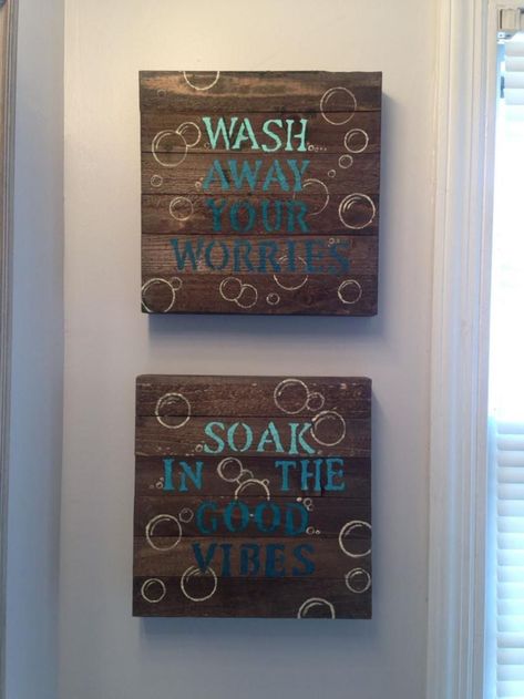 BATHROOM SIGN IDEAS – When your mood hits a low point, short and positive words can go a long way. Whether or not you giggle or laugh out loud, select... Teal Bathroom Decor, Diy Home Decor For Apartments, Teal Bathroom, Girls Bathroom, Bathroom Signs, Wood Canvas, Bathroom Art, Bathroom Wall Decor, Diy Signs