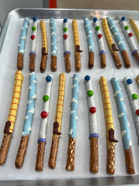 Chocolate covered pretzels Covered Pretzels, Baby D, Chocolate Covered Pretzels, Pretzels, Chocolate Covered, Toy Story, Lollipop, Pantry, Birthday Party