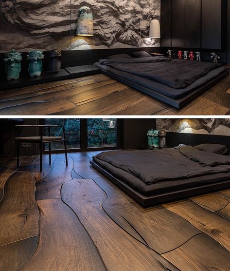 This Masculine Bedroom Has A Dramatic Wall Mural And Unique Wood Floors Low Floor Bed Design, Wood Style Bedroom, Window At The Back Of Bed, Most Beautiful Bedrooms, Wood On Bedroom Walls, Floor Bedroom, Dark Bedroom Flooring, Dark Japanese Bedroom, Floor Beds