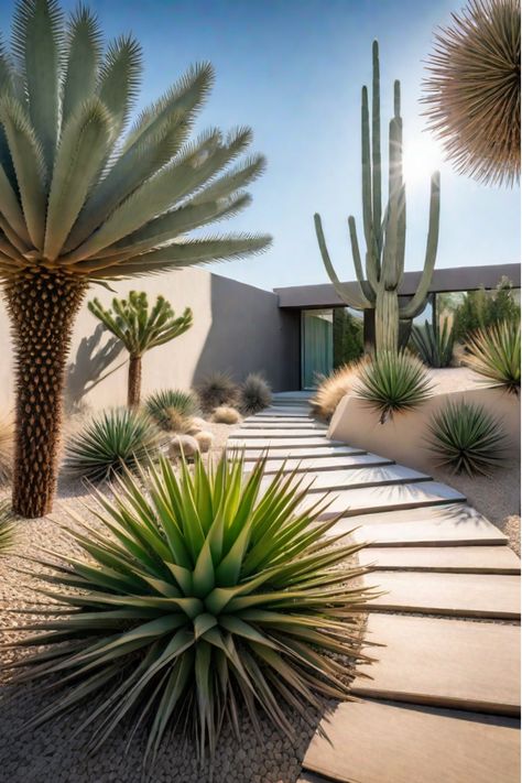 Intrigued by the desert aesthetic? Elevate your outdoor space with these simple yet stunning low-maintenance landscaping ideas. Low Maintenance Desert Landscaping, Low Maintenance Landscape, Desert Succulent Landscape, Dry Garden Ideas, Low Maintenance Desert Landscaping Front Yard, Tropical Desert Pool Landscaping, Minimalist Backyard, Desert Planting Design, Cactus Landscape