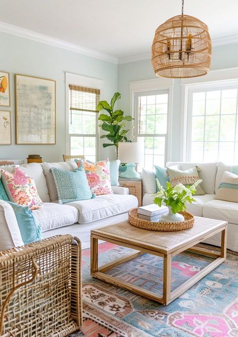 Coastal Cottage Design Ideas, Boho Beach Apartment, Colorful Coastal Living Room, Colorful Farmhouse Living Room, Beach Condo Living Room, Summer Apartment Decor, Summer Home Interior, Florida House Decor, Living Room Coastal Style