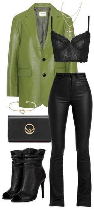 Green Leather Blazer, Leather Blazer Outfit, Green Blazer Outfit, Shoplook Outfits, Blazer Outfit, Green Blazer, Blazer Outfits, Outfit Aesthetic, Leather Blazer