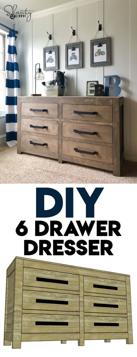 LOVE this dresser so much!  I needed some extra storage for one of my boys, and I designed and built this as the solution!  Come check out the FREE plans!   via @shanty2chic Diy 6 Drawer Dresser, Dresser Plans, Modern Farmhouse Diy, Diy Drawers, Diy Dresser, Free Plans, 6 Drawer Dresser, Farmhouse Furniture, My Boys