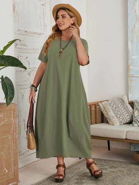 Plain Tunic, Army Green Dress, Flounce Hem Dress, Smocked Dresses, Bodycon Sweater Dress, Graphic Dress, Vestido Plus Size, Summer Plus Size, Shein Dress