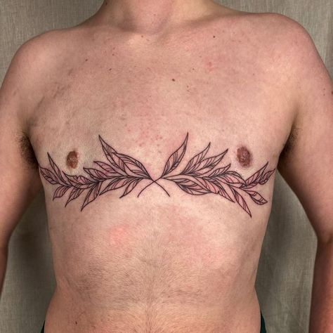 Masc Chest Tattoo, Trans Ftm Tattoo Ideas, Post Top Surgery Tattoos, Too Surgery Tattoo, Ftm Top Surgery Scar Tattoo, Top Surgery Cover Up Tattoo, Top Scar Tattoos, Ftm Chest Tattoo, Top Surgery Tattoo Cover Up Ftm Chest