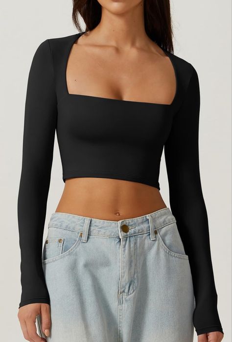 Crop Top Long Sleeve, Crop Top Long, Neck Crop Top, Square Neck, Crop Top, Slim Fit, T Shirts, Square, Long Sleeve