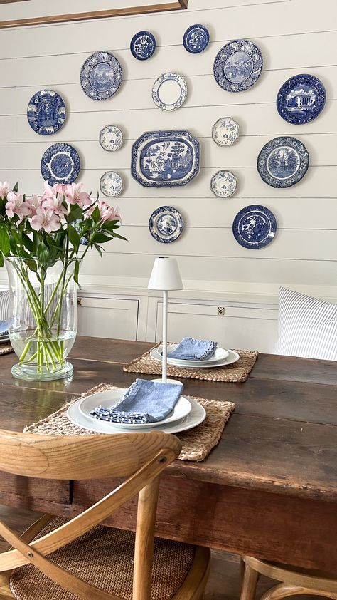 How to Plan and Hang a Plate Wall - Cottage and Vine Blue Plate Wall, Decorating With Plates On Wall, White Plates On Wall, Plate Wall Dining Room, Hanging Plates On The Wall, Blue And White Plates On Wall, Blue Plates Wall, Hang Plates On Wall, Plates On The Wall