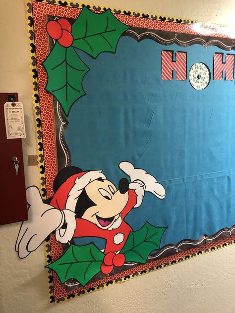 Mickey Mouse Christmas Bulletin Board, Disney Christmas Door Decor For School, Disney Christmas Bulletin Boards, Disney Christmas Classroom, Disney Bulletin Boards, Christmas Decorations Door, School Board Ideas, December Preschool, Christmas Hallway