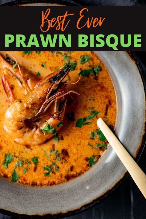 Prawn Bisque is rich and flavorful with a roux base and creamy texture. It’s quick and easy to make, thanks to store-bought seafood stock, so this impressive appetizer can be ready in just an hour! via @Went Here 8 This Recipes Using Seafood Stock, Prawn Bisque Recipe, Prawn Bisque, Crab And Corn Bisque, Seafood Pot, Seafood Soups, Bisque Soup, Impressive Appetizers, Seafood Bisque