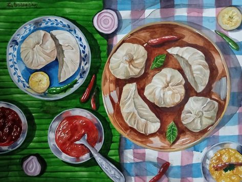 Realistic painting watercolor,food painting , fins it on instagram @artic_dipan Realistic Food Painting, Momo Dumplings, Nepalese Food, Food Illustration Design, Food Art Painting, Composition Painting, Art Tutorials Watercolor, Food Illustration Art, Stick Crafts