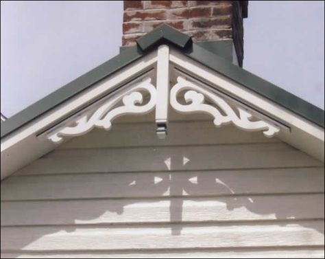 Gable Trim | Gable trim Queenslander House, Gingerbread Trim, Gable Trim, Gable House, Roof Trim, Window Trim Exterior, House Trim, Mountain Cottage, Cottage Exterior