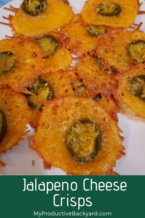 Jalapeno Cheese Crisps are the perfect blend of cheesy and spicy, chewy and crispy! Just 5 minutes to prep and 10-12 minutes to bake! #Keto #LowCarb #LCHF #KetoDiet #MyProductiveBackyard #glutenfree #ketogenicdiet #lowcarbhighfat #Ketorecipes #Lowcarbrecipes #cheese #cheesesnacks #snacks #appetizers Jalapeno Cheese Crisps, Jack Snacks, Jalapeno Chips, Cheesy Appetizer, Making Grilled Cheese, Waxed Paper, Jalapeno Cheese, Cheese Chips, Crispy Cheese