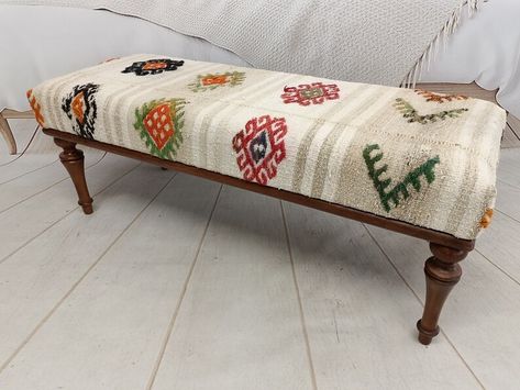 https://www.etsy.com/listing/1528567155/kilim-covered-ottoman-farmhouse-bench?click_key=88b7708440d4f5d8bf3a74256f0795cc8a220fa1%3A1528567155&click_sum=3aa37e3a&ref=shop_home_active_13&pro=1&frs=1&sts=1 Bench Front Door, Front Door Bench, Narrow Hall Table, Rustic Hallway Table, Bench Hallway, Door Bench, Dresser In Living Room, Rustic Hallway, Dressing Table With Drawers