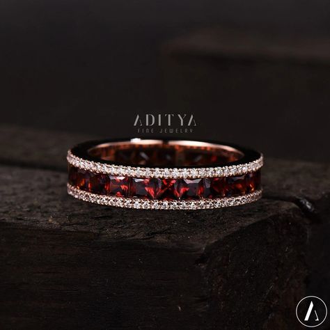 Garnet And Diamond Eternity Band, Garnet Wedding Band, Ruby Ring Designs, Birthstone Band, Garnet Wedding Rings, Garnet Wedding, Bridal Jewellery Inspiration, Month January, Silver Promise Rings