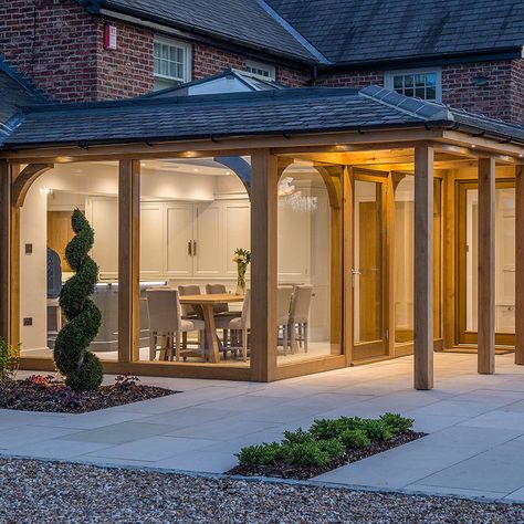 Oak And Glass Extension, Oak And Glass Porch, Wooden Beam Porch, Oak Orangery Extension, Bungalow Flat Roof Extension Ideas, Wrap Around Extension Ideas, Oak Extension Ideas, Timber Extension Ideas, Oak Frame Porch