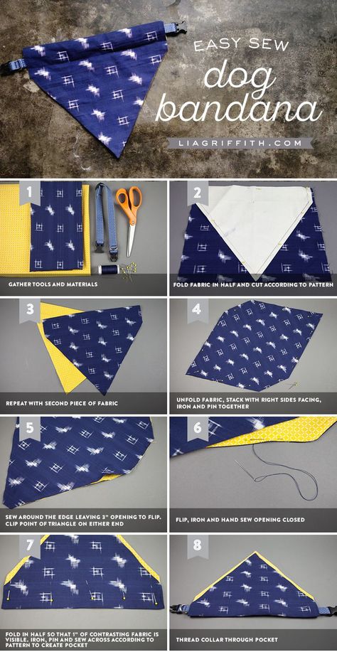 Give your four-legged friends some style by making your own DIY dog bandana. This simple project will only take a few minutes on the sewing machine. Diy Dog Bandana, Dog Bandana Pattern, 강아지 그림, Sew Ins, Beginner Sewing Projects Easy, Dog Projects, Dog Crafts, Diy Dog, Sewing Projects For Beginners