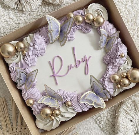 Faux Balls Cake Design, Buttercream Butterflies, Cupcake Sheet Cake, Butterfly Sheet Cake, Lilac Birthday Cake, Square Cake Designs, Lilac Cake, Square Birthday Cake, Square Cake Design