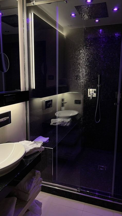 Bathroom At Night Aesthetic, Night Bathroom Aesthetic, Big Shower Aesthetic, Night Shower Aesthetic, Baddie Bathroom, Dark Bathroom Aesthetic, Bathroom At Night, All Black Bathroom, Apartment Laundry Room