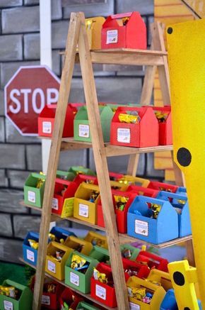 Ladder shelf filled with tool box favors from a Construction Birthday Party on Kara's Party Ideas | KarasPartyIdeas.com (9) Tools Birthday Party, Construction Theme Birthday Party, 9 Birthday, Boxes Ideas, Transportation Birthday, Construction Theme Party, Construction Birthday Party, Drinks Party, Cars Theme Birthday Party