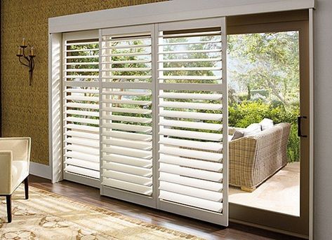 sliding shutters hunter douglas Window Shutters Diy, Sliding Glass Door Coverings, Patio Door Window Treatments, Sliding Glass Door Window Treatments, Glass Door Coverings, Kitchen Window Coverings, Patio Door Coverings, Kitchen Sliding Doors, Glass Door Curtains