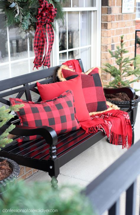 Christmas Decor Outside Porch, Christmas Decor Outside, Outdoor Christmas Decorations Ideas, Christmas Glam, Christmas Decorations Ideas, Buffalo Plaid Christmas Decor, Christmas Patio, Christmas Tree Lots, Its Christmas Eve