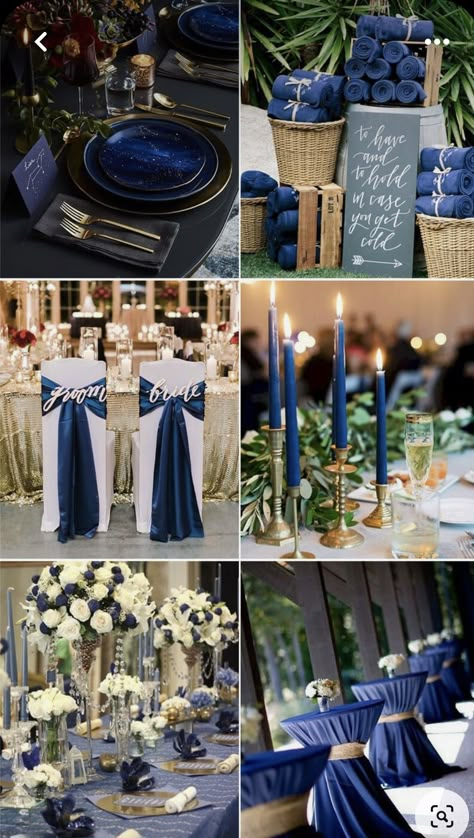 50 Shades Of Blue Wedding Ideas, Rustic Blue Wedding, Blue Rustic Wedding, Shades Of Blue Wedding, Navy Gold Wedding, Navy Blue And Gold Wedding, Gold Wedding Decor, Blue And Gold Wedding, Blue Gold Wedding