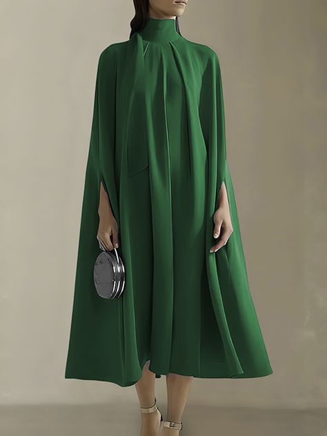 Green High Neck Dress, Wide Dress, Fuschia Dress, High Neck Midi Dress, Dresses Ladies, Womens Fall Dress, Capes For Women, Cape Dress, Green Midi Dress