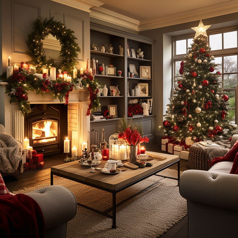 Red And Gold Christmas Living Room, Deep Red And Green Christmas Decor, Burgundy Christmas Living Room, Christmas Decor Ideas For Living Room Red, Christmas Lounge Decor, Red And Gold Christmas Decor Living Room, Cosy Christmas Living Room, Red Christmas Living Room, Warm Christmas Decor