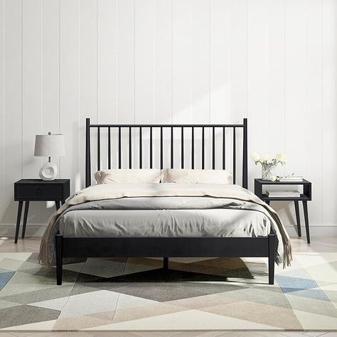 Amazon.com: NTC Inno Wooden Bed Frame with Headboard, Solid Oak and Rubber Wood Foundation with Silent Slats and Wood Central Supports, 1000 Lb Capacity, Effortless Assembly, King - Burnt Black : Home & Kitchen Spindle Headboard, Solid Wood Bed Frame, Wooden Bed Frame, Bed Frame With Headboard, Kid Rooms, Wood Bed Frame, Solid Wood Bed, Wooden Bed Frames, Wood Bed