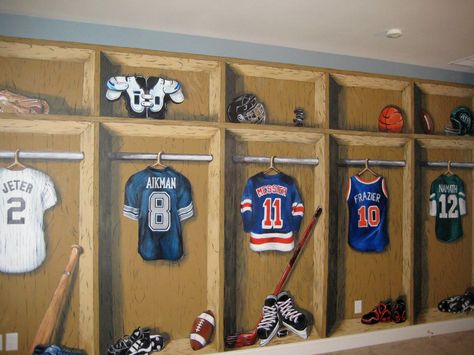 Faux lockers and sports equipment. Hockey Locker Diy, Hockey Locker Room, Mural Wall Art Sports, Hockey Mural, Baseball Mural Bedroom, Sports Room, Locker Room, Sports Equipment, Baseball Bat