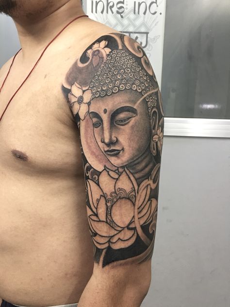 Buddha Sleeve Tattoos For Guys, Buddha Leg Sleeve Tattoo, Buddha Full Sleeve Tattoo Design, Buddha Tattoo In Arms, Arm Tattoos Japanese, Buddha Portrait Tattoo, Buddhism Tattoo, Buddha Tattoo Sleeve, Japanese Tattoo Meanings