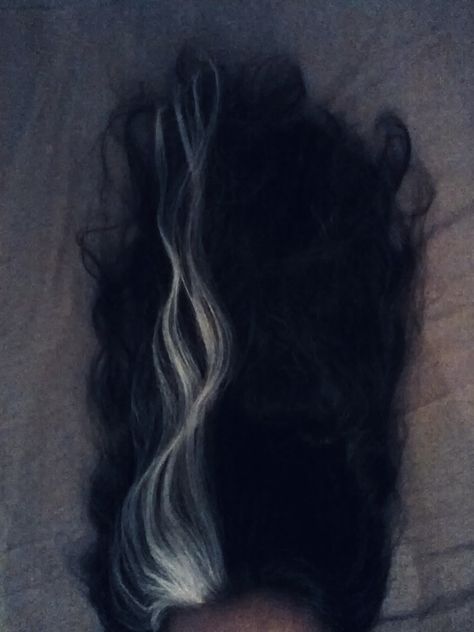 Unruly Hair Aesthetic, Grey Hair Aesthetic Faceless, Black White Hair Aesthetic, Poliosis Hair Aesthetic, Long Black Hair Aesthetic Faceless, Laudna Aesthetic, Black And White Hair Aesthetic, Poliosis Hair, Black And White Curly Hair