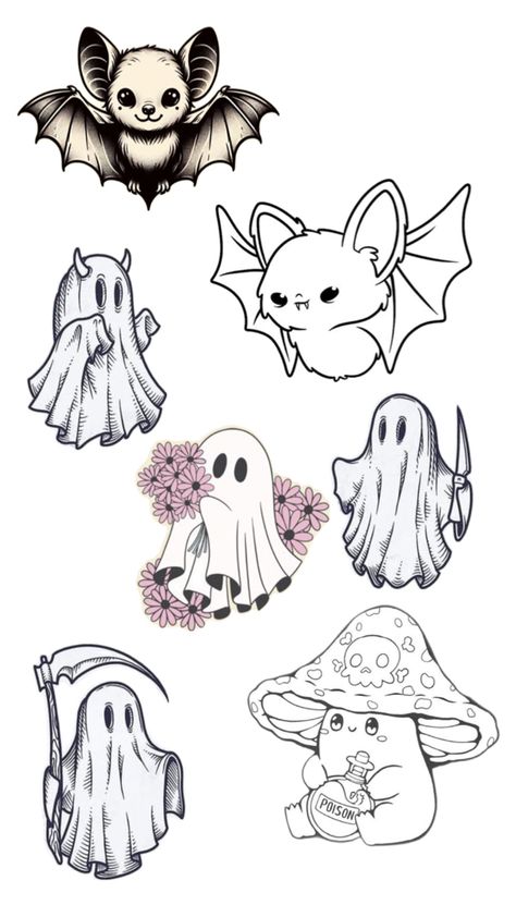 Cute spooky tattoo ideas Cute Halloween Ghost Tattoo, Cute Spooky Halloween Tattoo, Medium Halloween Tattoos, Dark Cute Tattoos, Colorful Ghost Tattoo, Tattoo Ideas Female Halloween, Spooky Aesthetic Tattoo, Tiny Bat Tattoo Ideas, Happy Ghost Tattoo