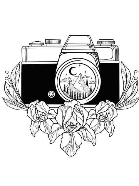 Tattoo Idea Flower, Camera Drawing Art, Vintage Camera Tattoos, Camera Tattoo Design, Flower Camera, Camera Tattoos, Moon Mountain, Camera Drawing, Camera Tattoo