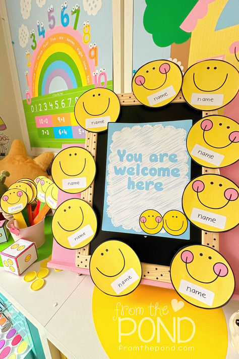 Greet, welcome and include everyone in your classroom with a display of names for the door, board or wall! Here is one made with our Happy Faces - learn more on the blog! Happy Classroom, Classroom Door Displays, Classroom Welcome, Classroom Doors, From The Pond, Door Display, School Decor, Door Displays, Happy Faces